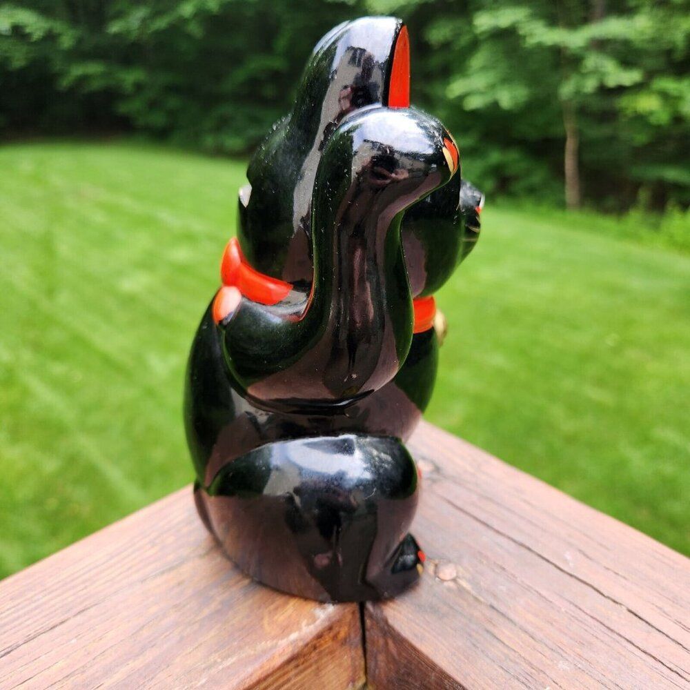 Maneki Neko Lucky Black Cat Red Ribbon Japanese Hand Painted Bank Right Paw Up - Picture 5 of 6